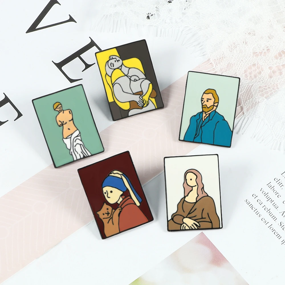 النفط الطلاء المينا دبابيس فان جوخ بيكاسو الموناليزا فينوس الفني دبابيس الفن شارة للنساء الرجال قميص التلبيب دبوس مجوهرات هدية