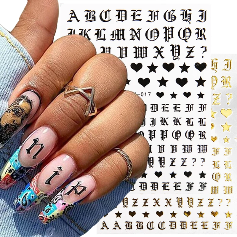 3D Letter Nail Art Stickers Self  Adhesive Laser Gold White Black Letters Decal Sticker  DIY Nail Decals Nail Art Decorations