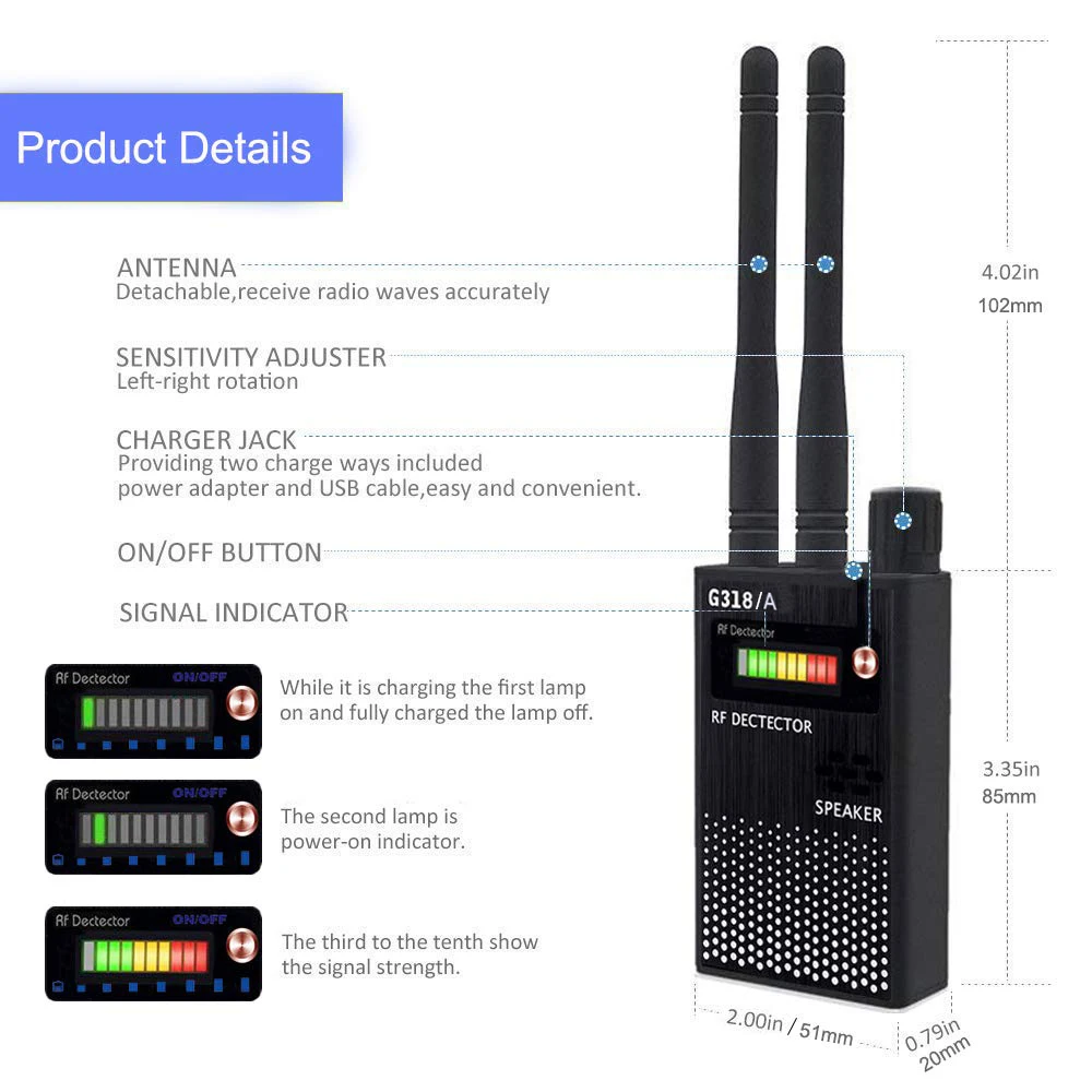 Wireless Anti Candid Camera RF Signal Detector GPS Tracker Lens Anti-eavesdropping Audio Bug GSM Finder Spy Scanner Dual Antenna