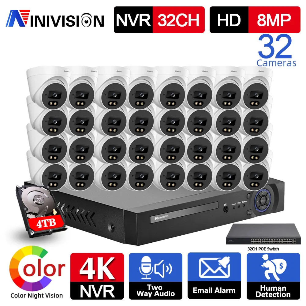 NINIVISION H.265 32CH 8MP NVR 4K Indoor Color Night Vision Two-Way Audio POE IP Camera Kit 4K Color Night Video Security System