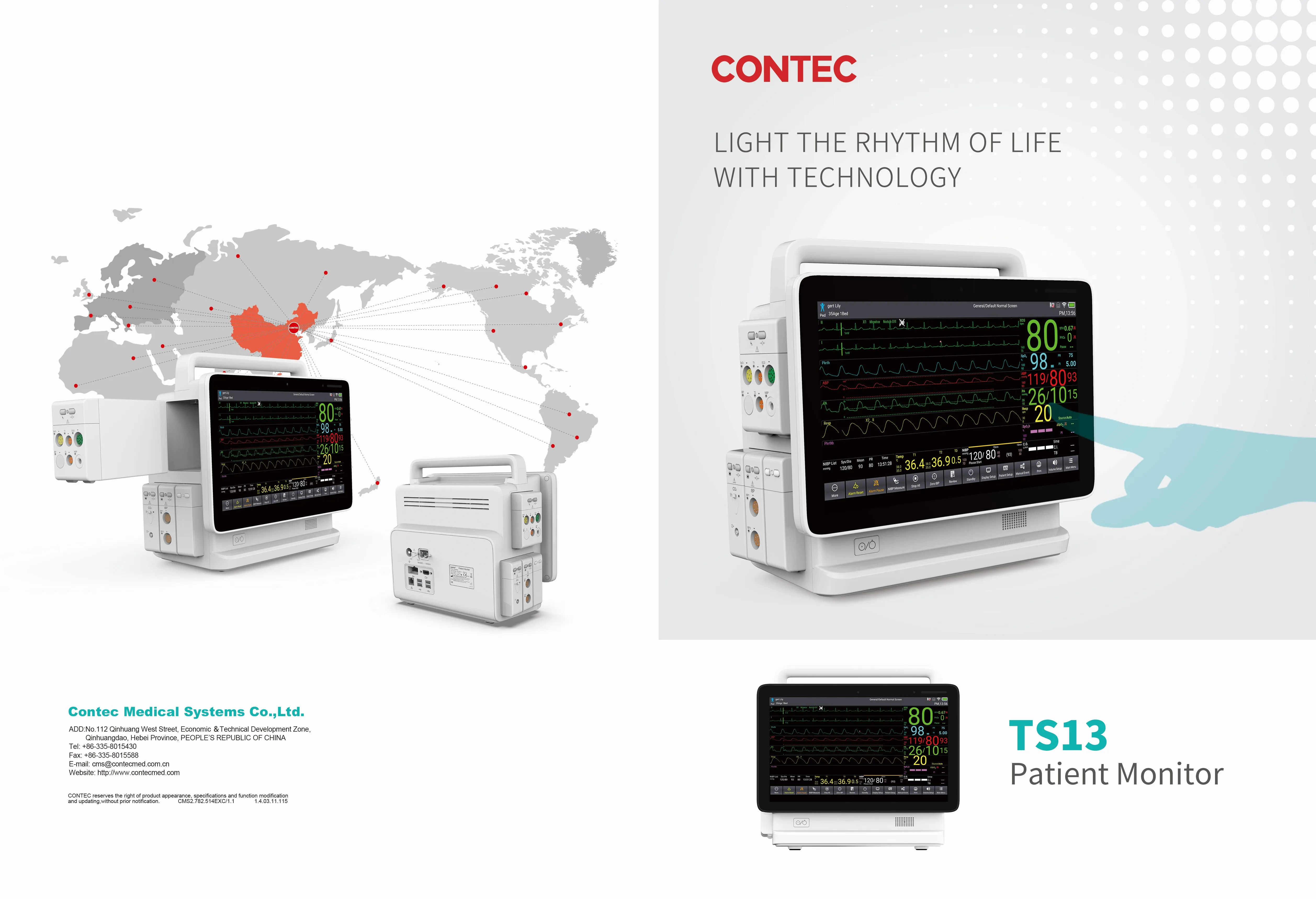 

Новинка 2021, монитор пациента CONTEC TS13, HD дисплей ICU, 5 пар, сенсорный экран, портативный монитор ECG NIBP SPO2