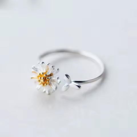 Korean Real 925 Sterling Silver Daisy Flower Rings For Women Adjustable Wedding Ring Fashion Jewelry