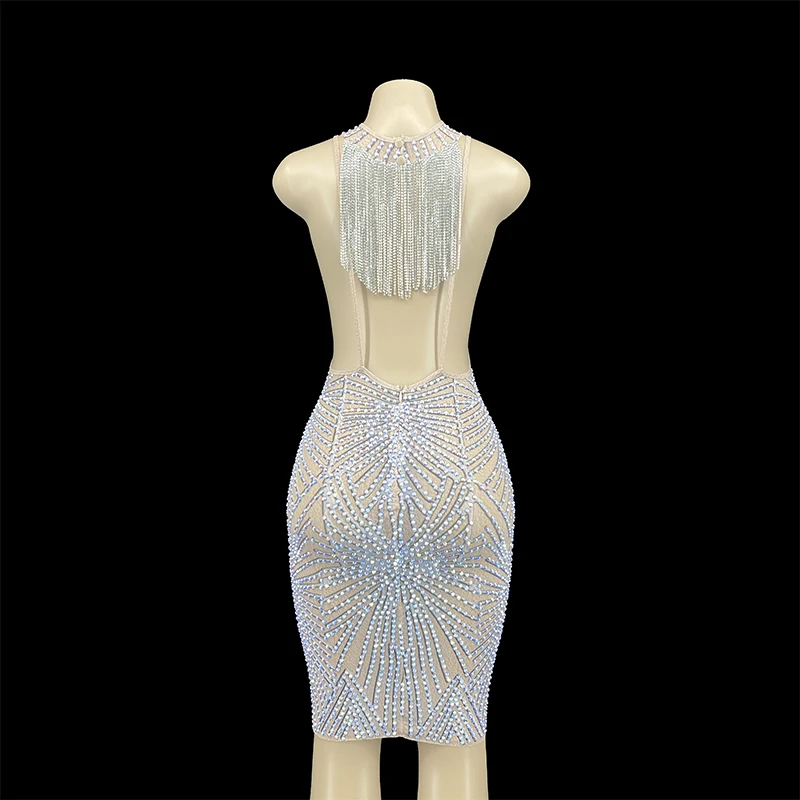 Sparkly Rhinestone Chain Fringes Backless Mesh See Through Dress Women Birthday Party Prom Event Sexy Dress Bar Nightclub Outfit