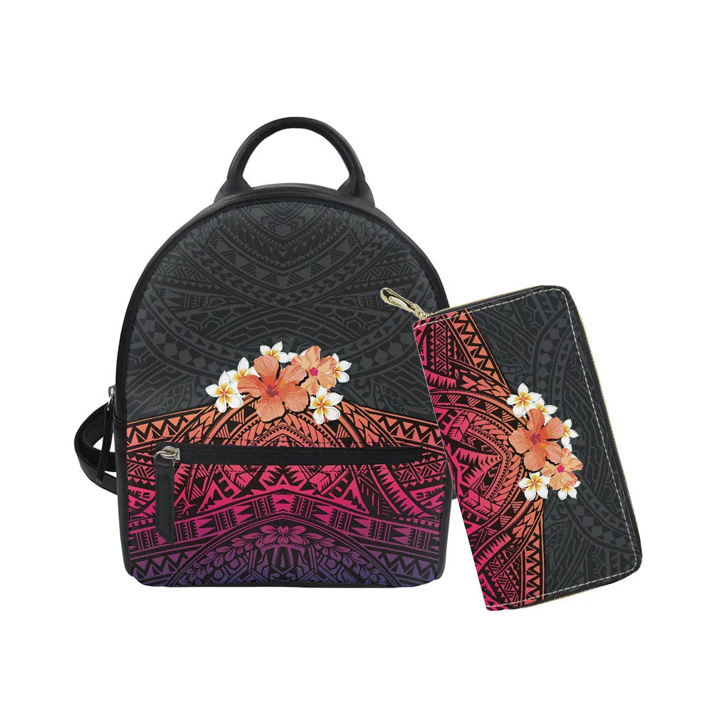 Hycool Women's Leather Backpack Polynesian Tribal Hawaii Floral Pattern Casual Fashion Women's Bag Pu Leather Women Backpack