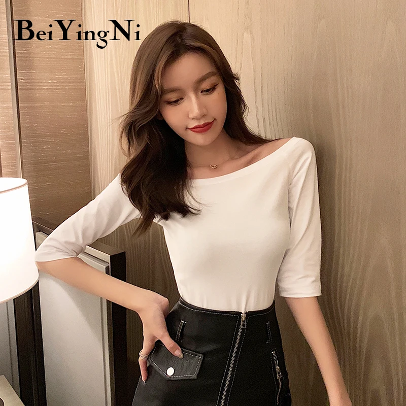 Beiyingni Slash Neck Women T-shirt Cotton Half Sleeve Harajuku Slim Casual T Shirt Female Elastic Plain Tshirts Woman Tee Tops