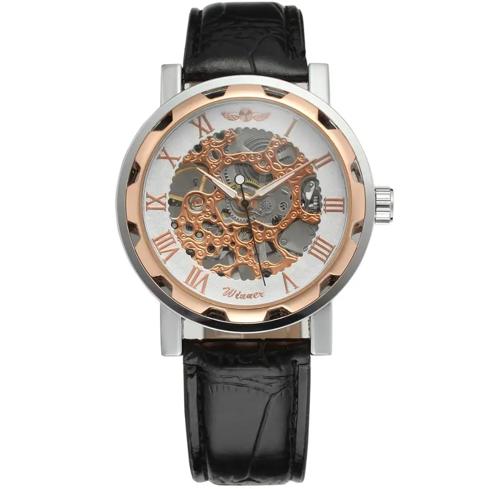 WINNER Fashion trend men's and women's watch hollow design watches leather strap automatic mechanical watches