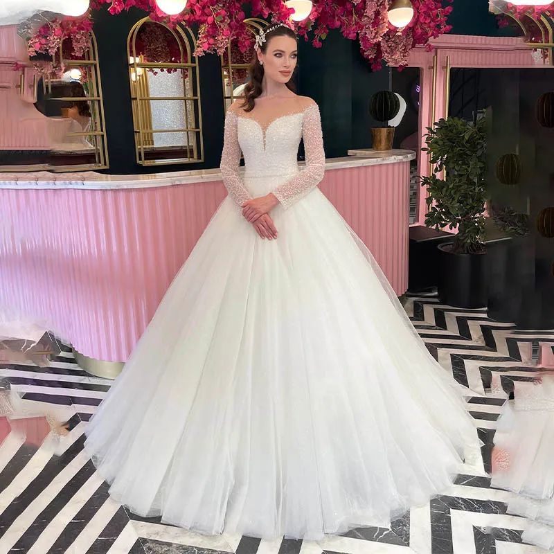 

Luxury Wedding Dress Scoop Ball Gown Applique Beadings Long Sleeve Bride Dress Sweep Train Bridal Gown Vestido De Novia