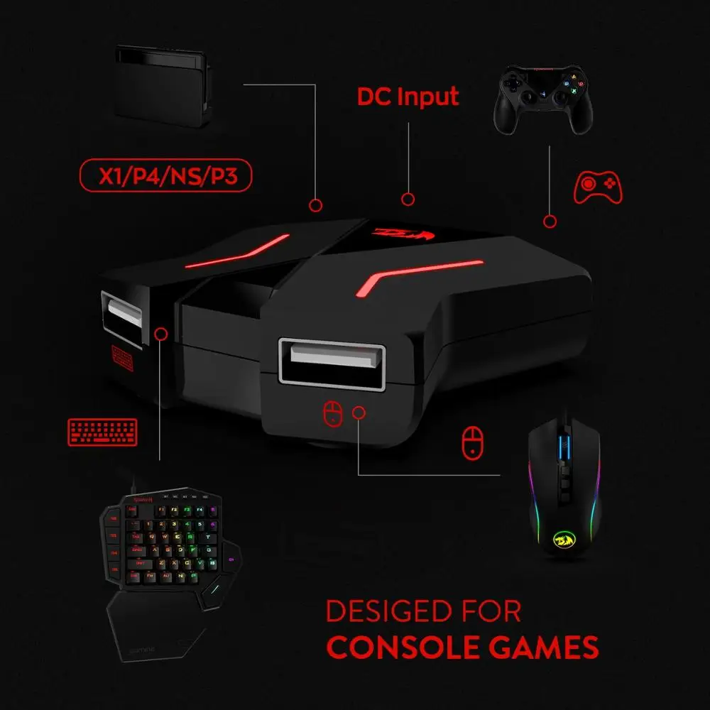 Redragon K585 tastiera da gioco RGB a una mano e Mouse M607RGB combinato con convertitore GA200 per Xbox One, PS4, Switch, PS3 e PC