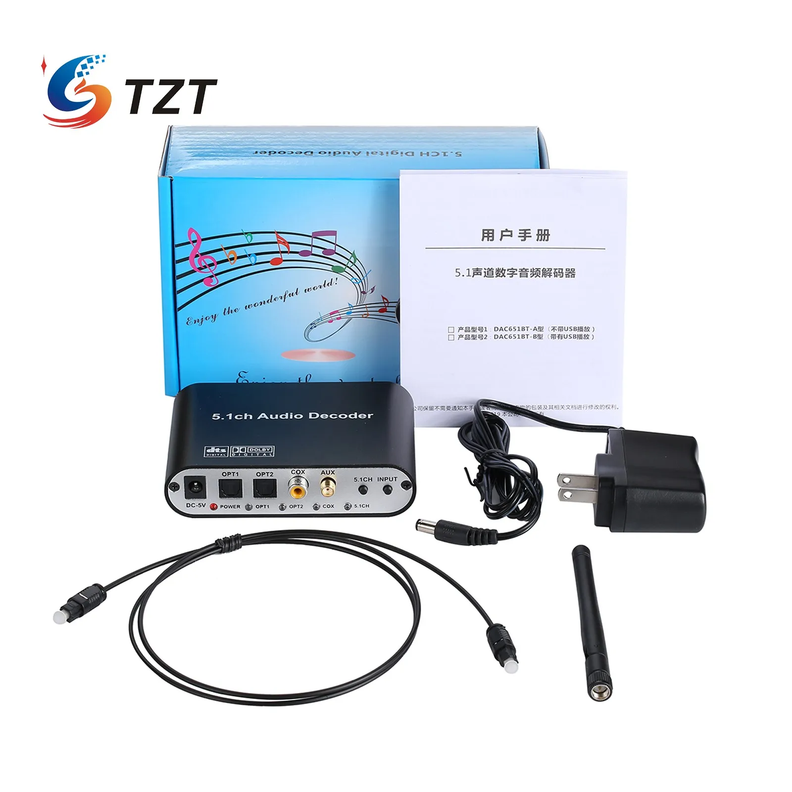 

TZT DAC615 DTS Digital 5.1 Audio Decoder Converter Gear DAC Bluetooth BT 5.0 US B Music Player SPDIF Optical Coxial input FLAC A