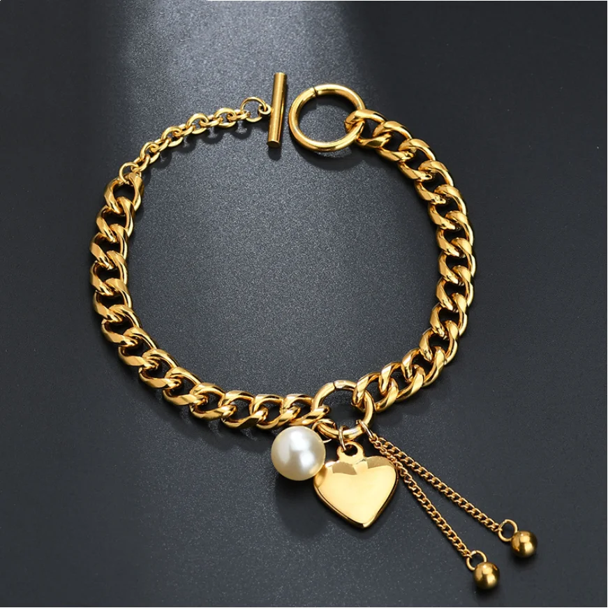 316L Stainless Steel New Fashion Upscale Jewelry Love Heart Pearl OT Shape Buckle Tassel Thick Chain Bracelets For Women