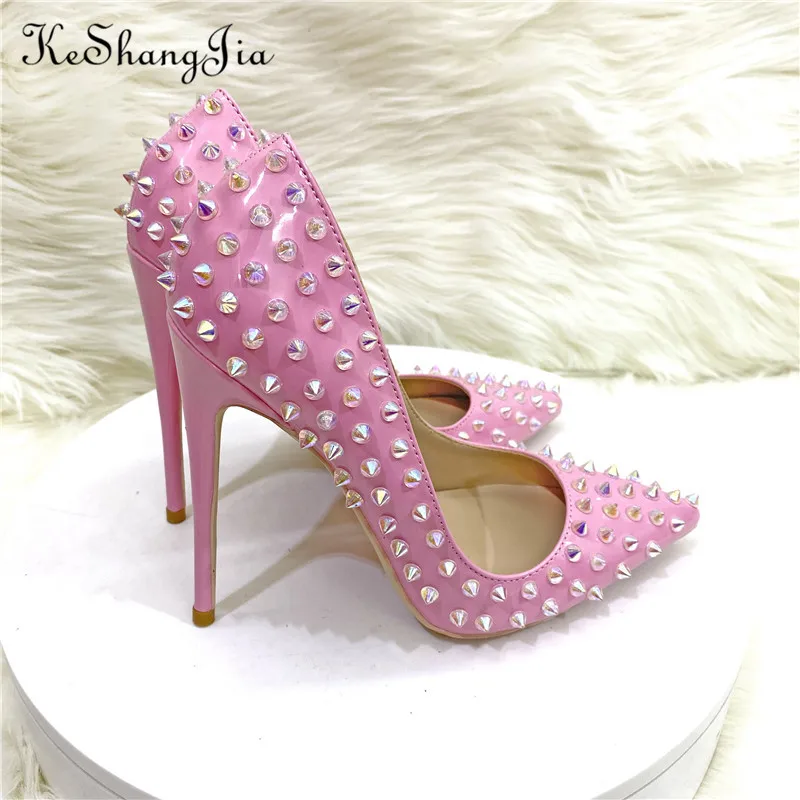 Ke Shang Jia Pink Bright Light Women Full Punk  Rivets Pointed High Heels Sexy Ladies Spikes Stilettos Pumps  Club Party Shoes