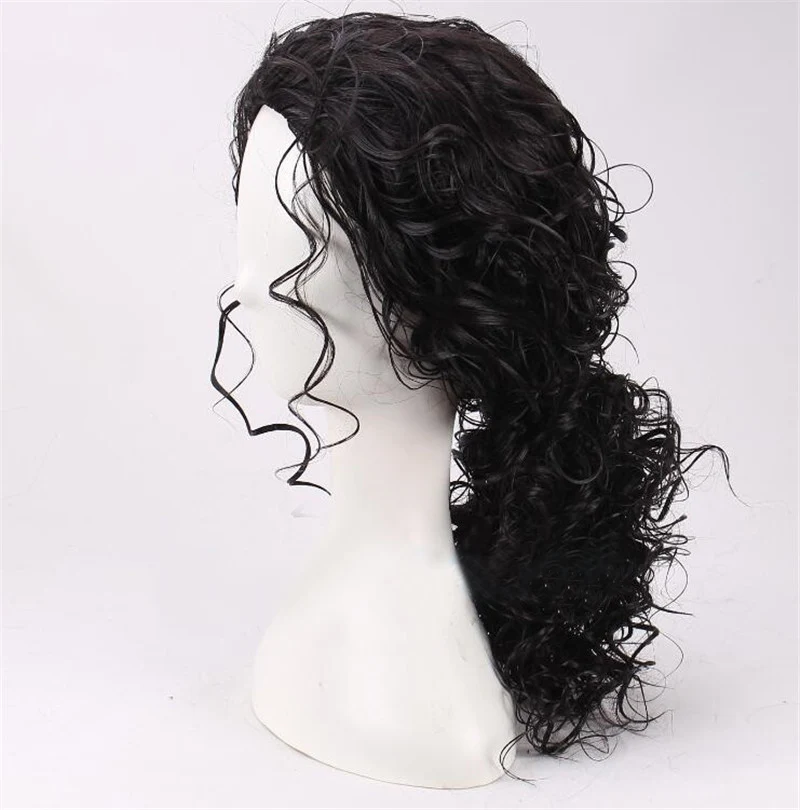 Michael Jackson Cosplay Black Wig Michael Role Play Medium Long Curly Black Hair Pigtail Wig Halloween Cos Wigs + a wig cap