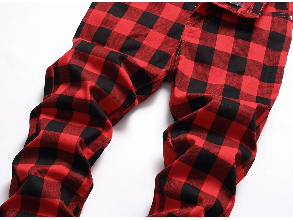 Herren Rote Karierte Bedruckte Hose Modische Slim-Fit Stretch-Jeans Trendige Übergrößen Gerade Hose – Detail 8