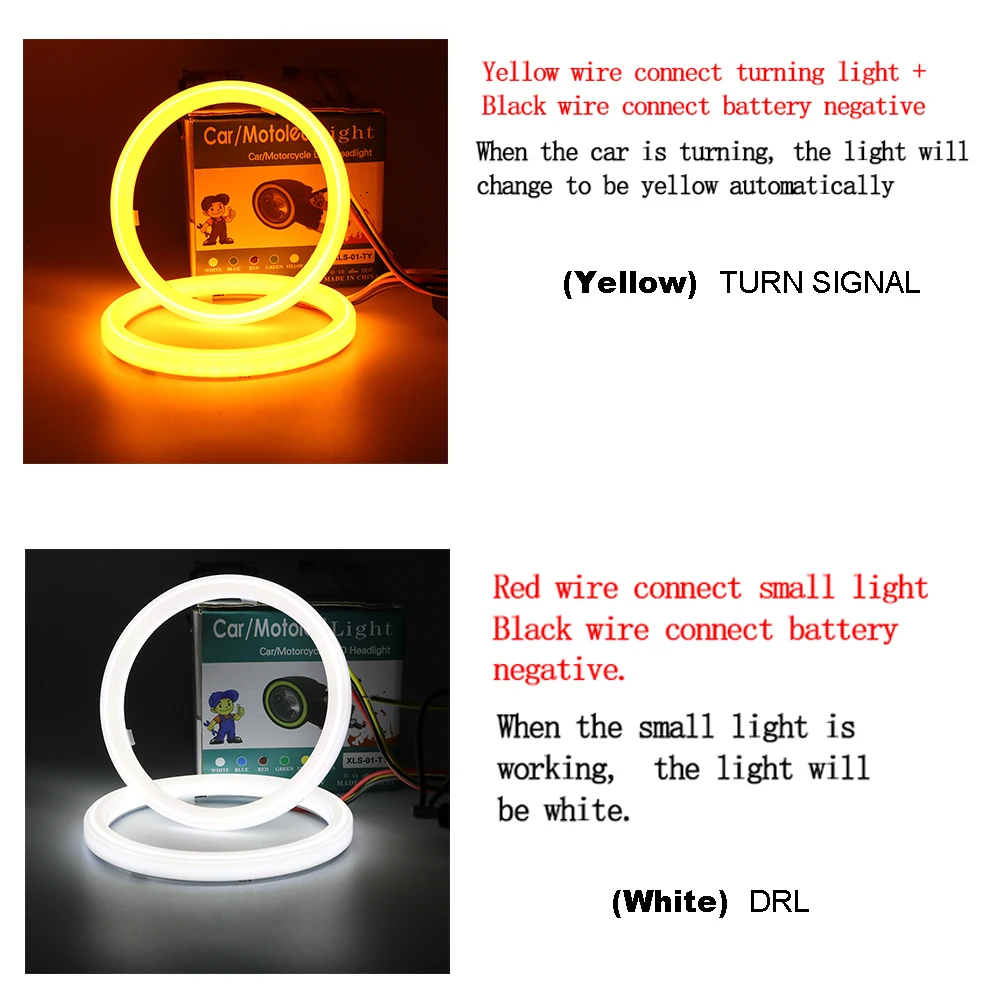 2X Cotton Light white and yellow led angel eyes halo ring 60mm 70mm 80mm 90mm 95mm 100mm 110mm 120mm Auto DRL Eyes with Turning