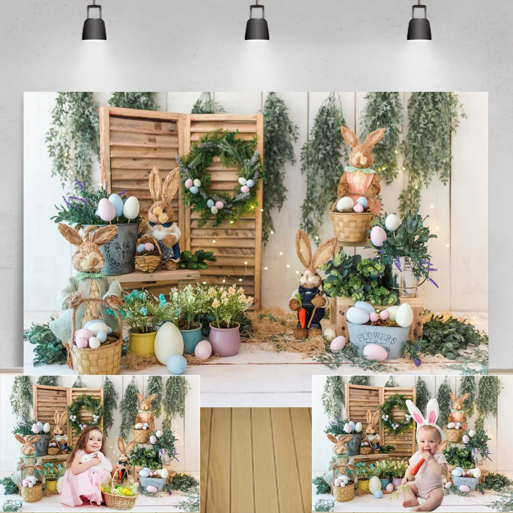 Laeacco Spring Easter Backdrop Rabbit Flower Indoor Decor Baby Shower Portrait Photography Background Bunny Gray Plank Photocall