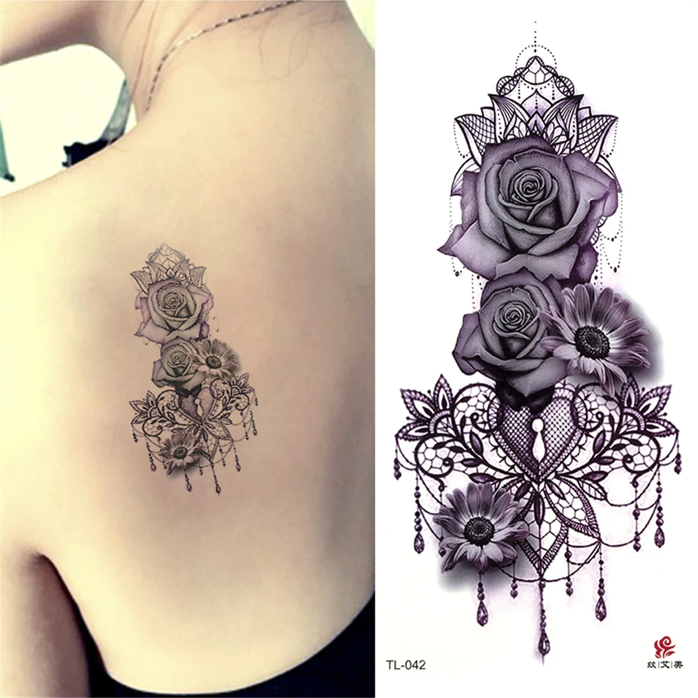 Lace Rose Flowers Temporary Tattoos Stickers Waterproof Colorful Floral Fake Tattoos for Women Men Arm Back Body Art Beauty