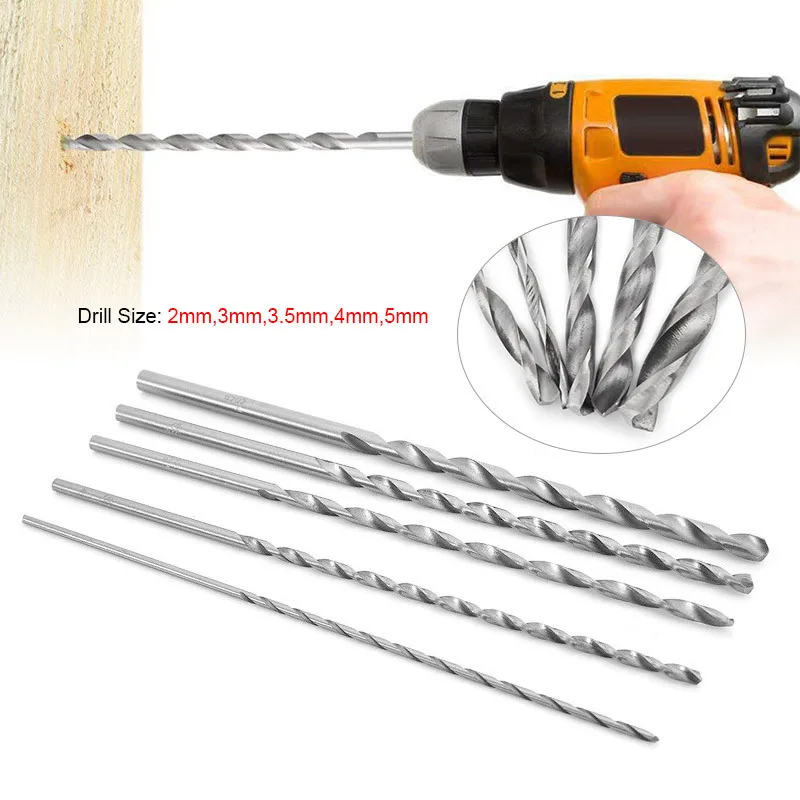 5pcs/set 2/3/4/4.5/5mm High Speed Steel Spiral Twist Drill 150mm Extended Round Shank Wood Drilling, Cutting and Polishing