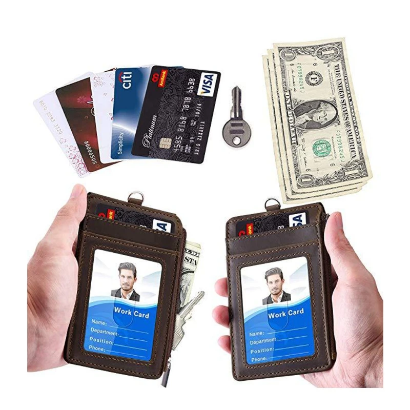 Badge Holder with Zip PU Leather ID Badge Card Holder Wallet Case with 5 Card Slots, 1 Side Zipper Pocket