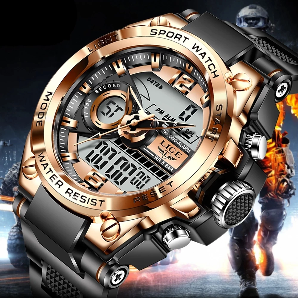 

LIGE Business Man Watch Sport Week Calendar Mens Quartz Watch LED Dual Display Military Waterproof Watches Men Relogio Masculino