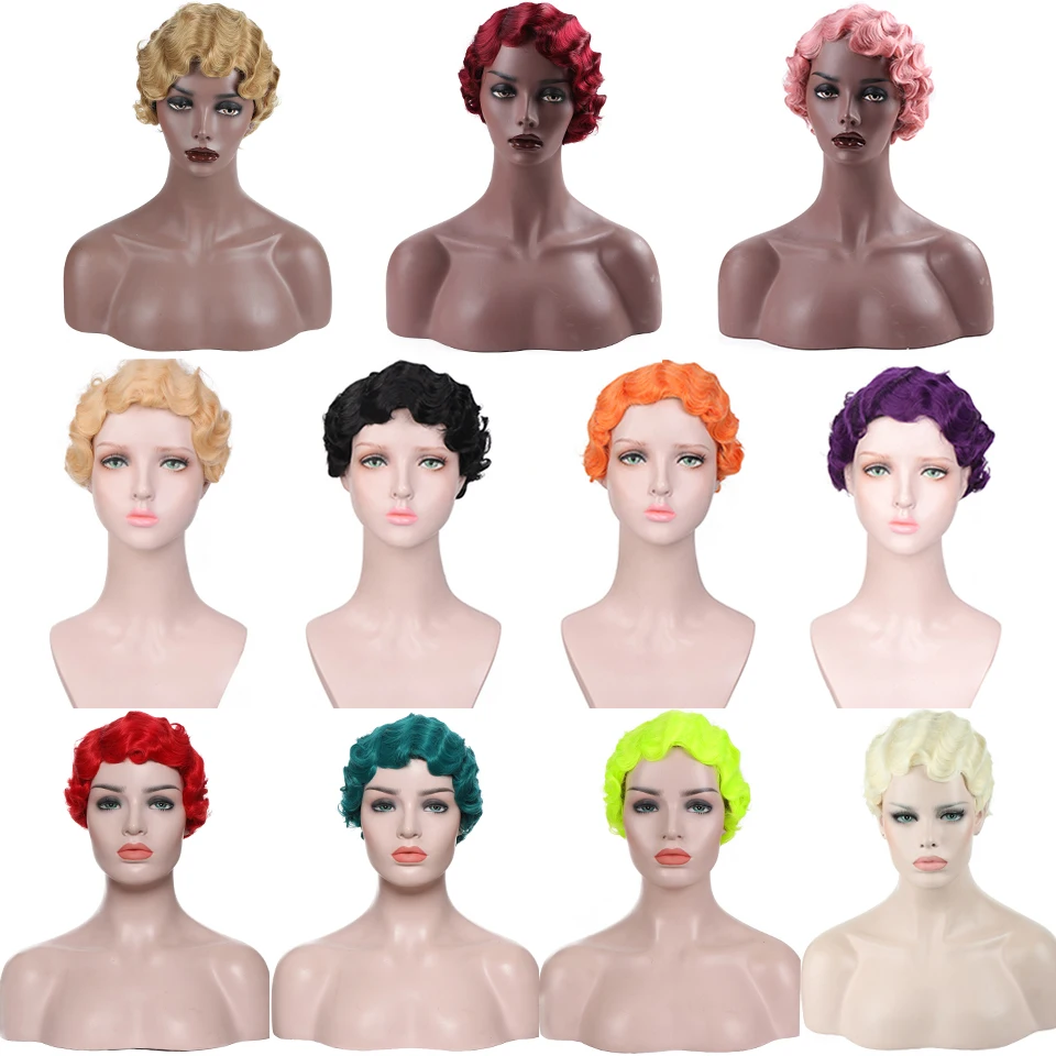 BUQI Short Finger Wave Wig African Afro Hair Curly Synthetic Pixie Cut Black Red Green Pink Golden Wigs For Women Heat Resistant