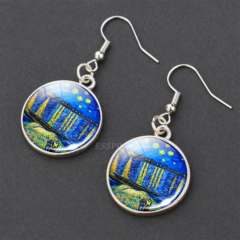 Van Gogh Oil Painting Stainless Steel Drop Earrings Glass Cabochon Dangle Hook Earrings Silver Color Women Jewelry Wholesale