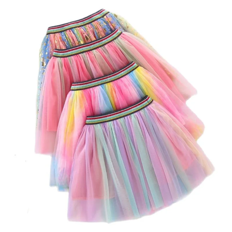 

New Children's Rainbow Skirts School Girl Mesh Tutu Birthday Princess Party Show Dance Skirt Gauze Mid-Waist Ball Gown Faldas