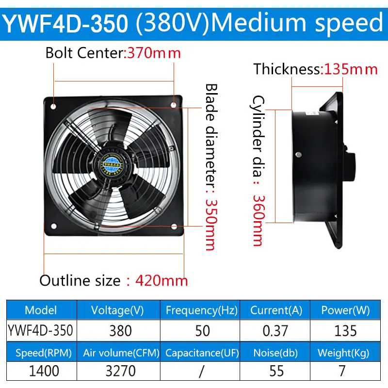 Ventilador Industrial de Rotor exterior cuadrado, de 14 pulgadas ventilador Axial, 220/380V, 130/135/300W, adecuado para talleres, almacenes, etc.