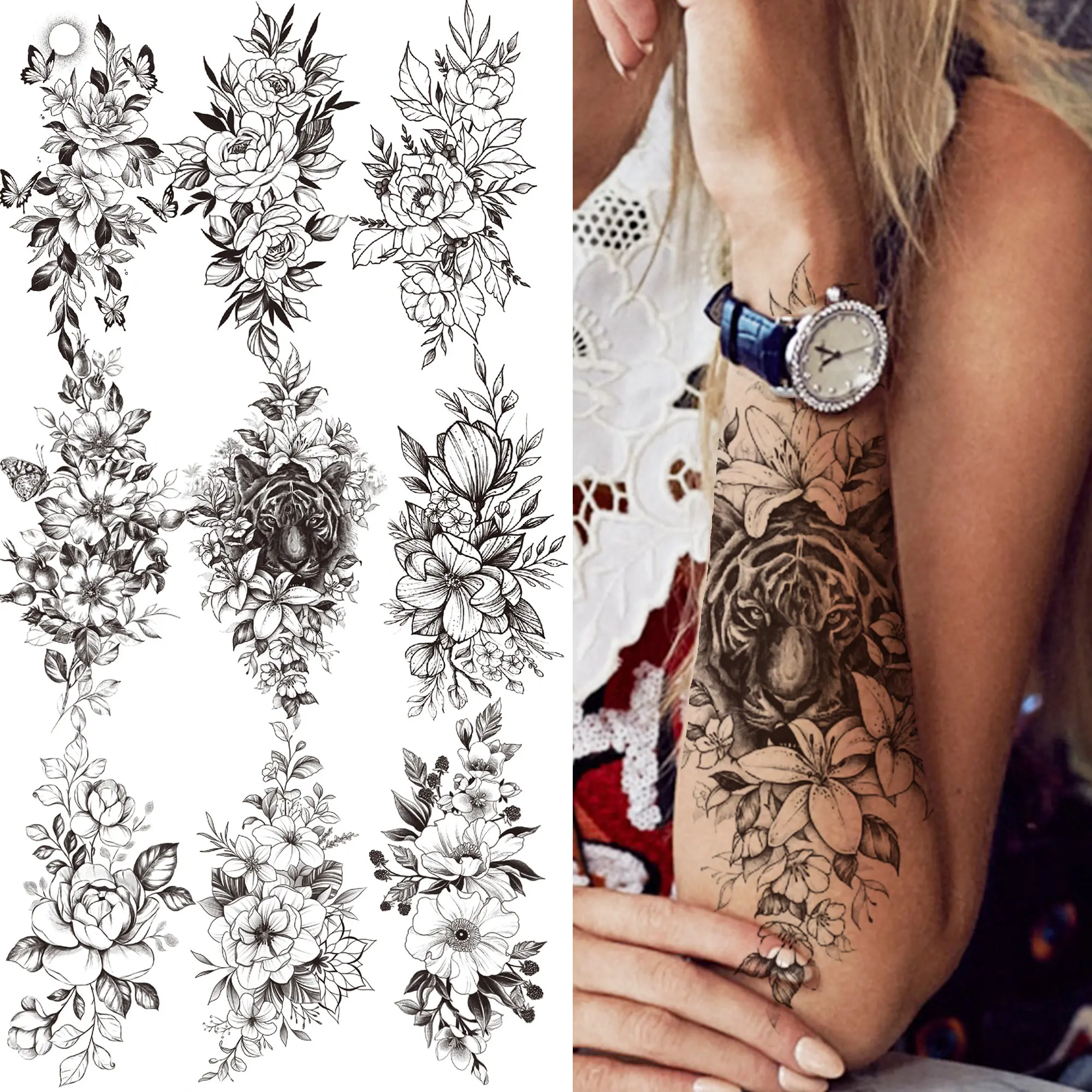 

Tiger Flower Temporary Tattoos For Women Girls Adult Peony Fake Rose Tattoo Sticker Sweatpea Orchid Daffodil Black Tatoos Decor