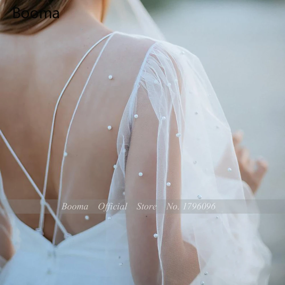 Vestidos de novia con perlas de marfil para mujer, vestidos de novia con cuello en V, mangas largas abullonadas, Espalda descubierta, tirantes finos, línea A, vestidos de novia de tul