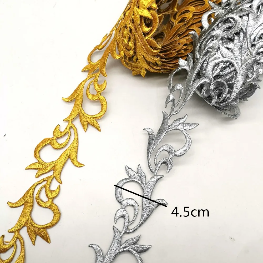 1 Yard Iron On Embroidered Lace Gold Cosplay Lace Costumes Trims Appliques Gold and Sliver Metallic Tape 4.5CM