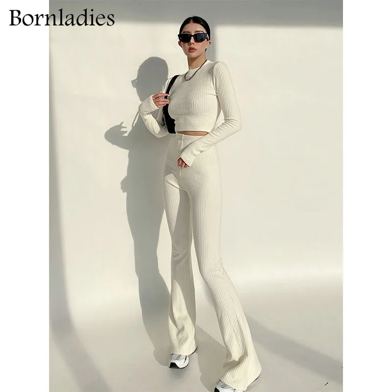 Bornladies 2022 Slim Sweater Tracksuits Short Jumpers & Elastic Waist Full Length Flare Pants Female Skinny Knitted 2 Pieces Set