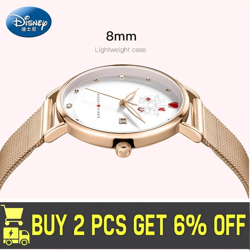 Japan Quartz Movement Disney New Micky Minnie Mouse Women Stainless Steel Mesh Rose Gold Waterproof Ladies Watch Dropshipping