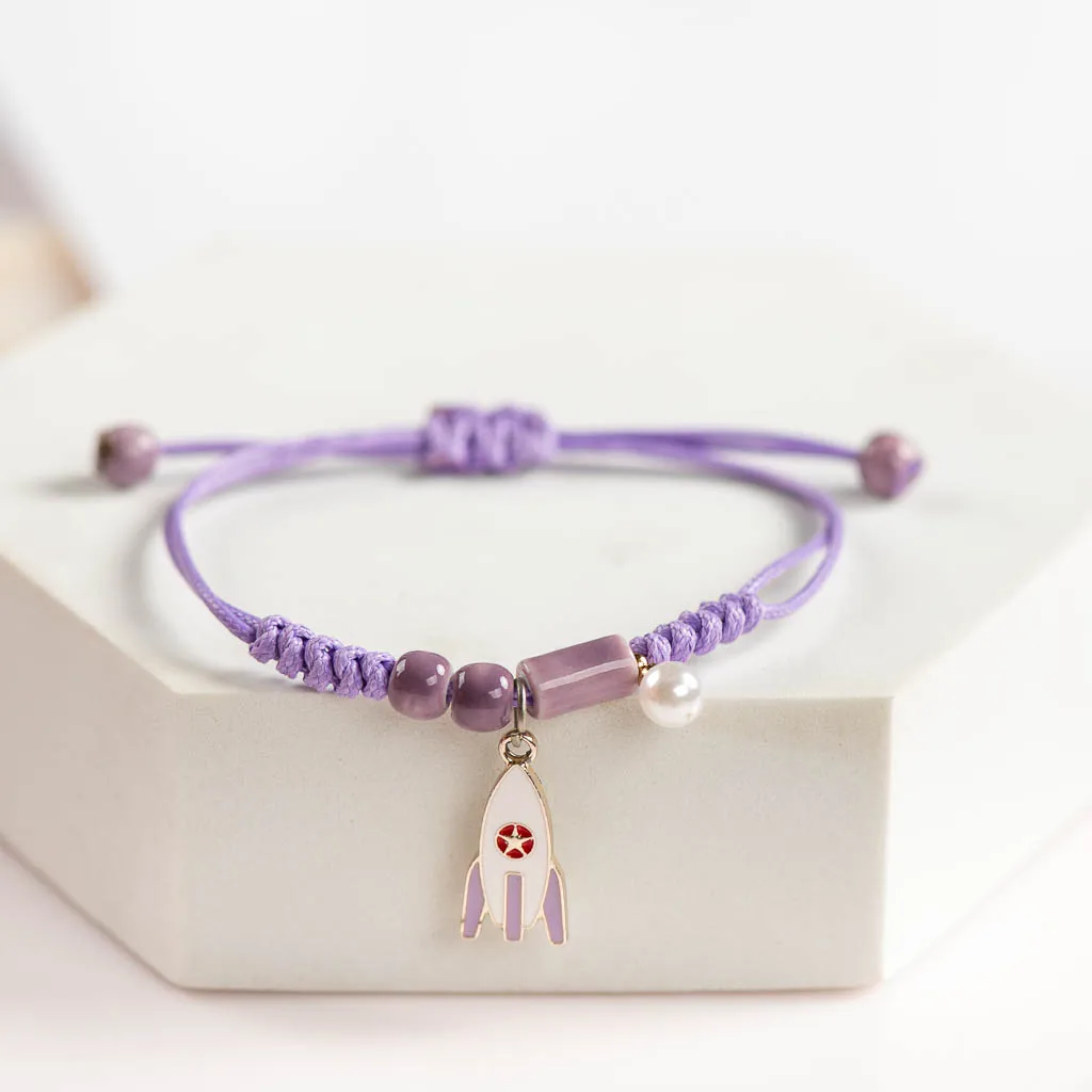 Rocket Cute Ceramic With Metal Drip Glaze Pendant Bracelet Hand-Wowen Charms Gift Bracelets Bangles Wholesale #XN066