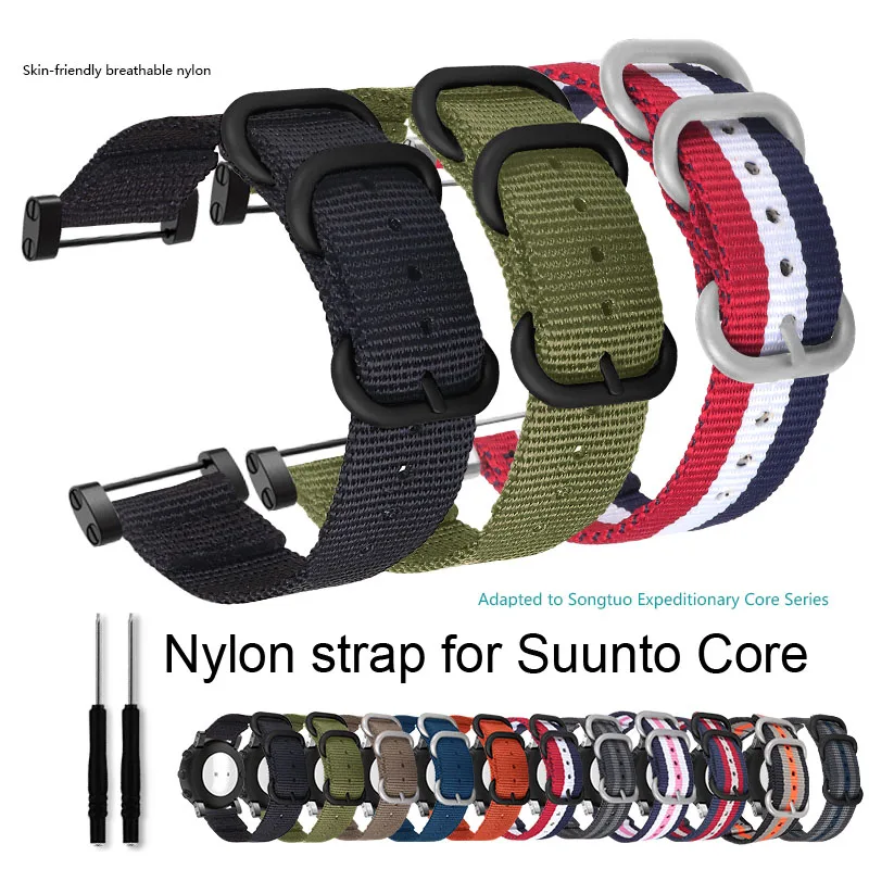 Nylon Watch Band for Suunto Core Replacement Strap Canvas Wrist Bracelet with Connector Tool Black Silver Pin Clasp Watch Strap