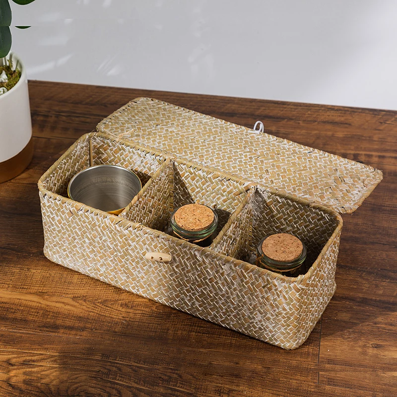 Seagrass Storage Box with Lid, Straw Desktop Organization, Vintage Baskets, Jewelry, Cosmetic Storage Box, 3 Slots