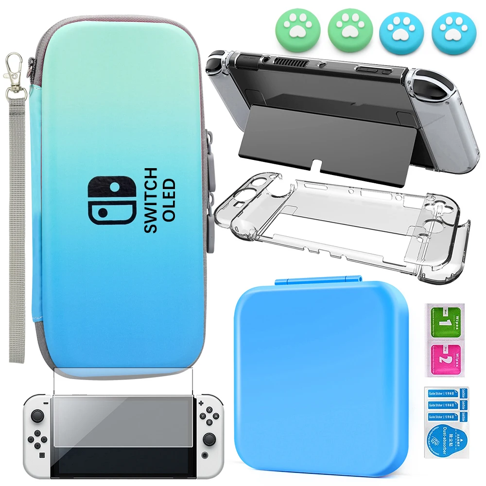 Bolsa de almacenamiento OLED para Nintendo Switch, película protectora de vidrio templado 9H, funda para tarjeta de juego, carcasa dura de cristal para PC, tapas de agarre para pulgar