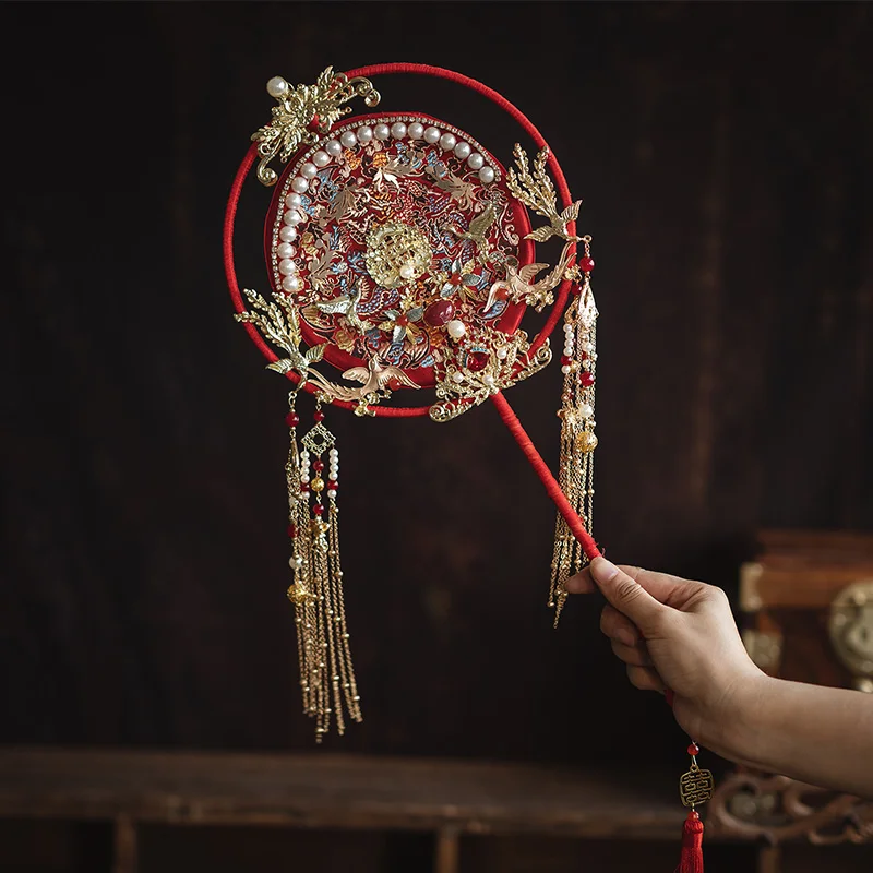 HIMSTORY Vintage Luxury Chinese Bridal Hand Fan Holding Phoenix Round  Handmade Pearls Wedding Bouquet Long Handle Fan