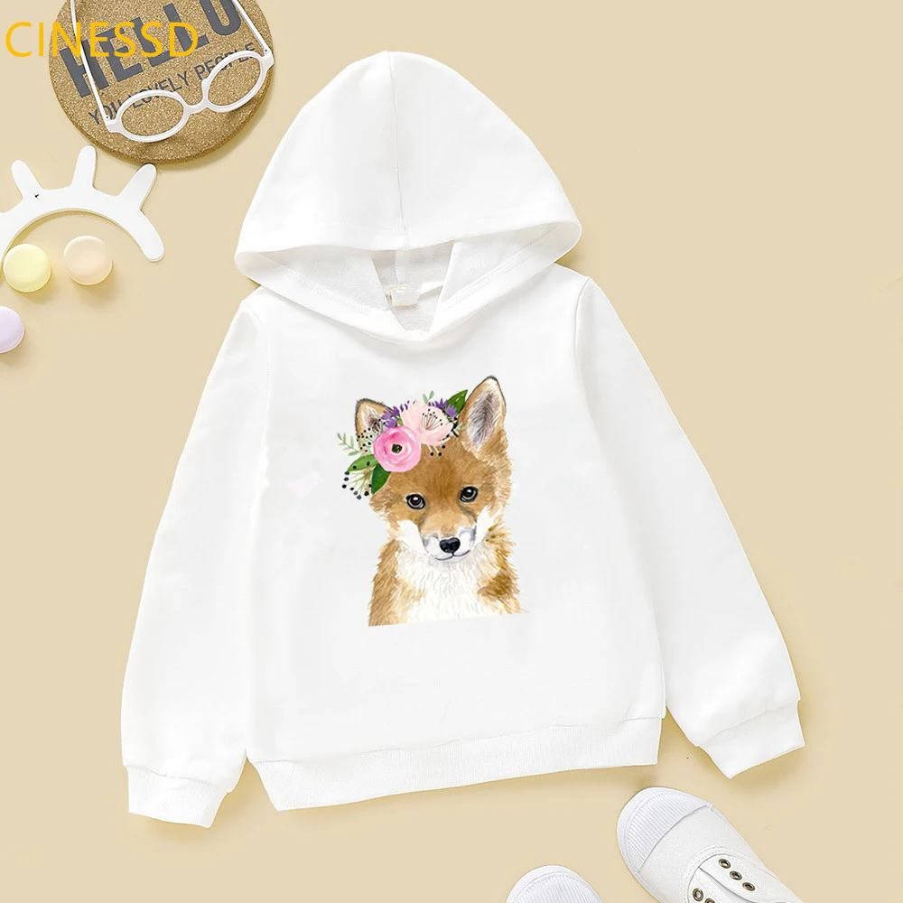 Cute Hoodie Sweater Children Girl Funny Floral Animals Rabbit/Teddy Dog/Alpaca/Horse/Bear/Fox/Penguin Print Sweatshirts Kids