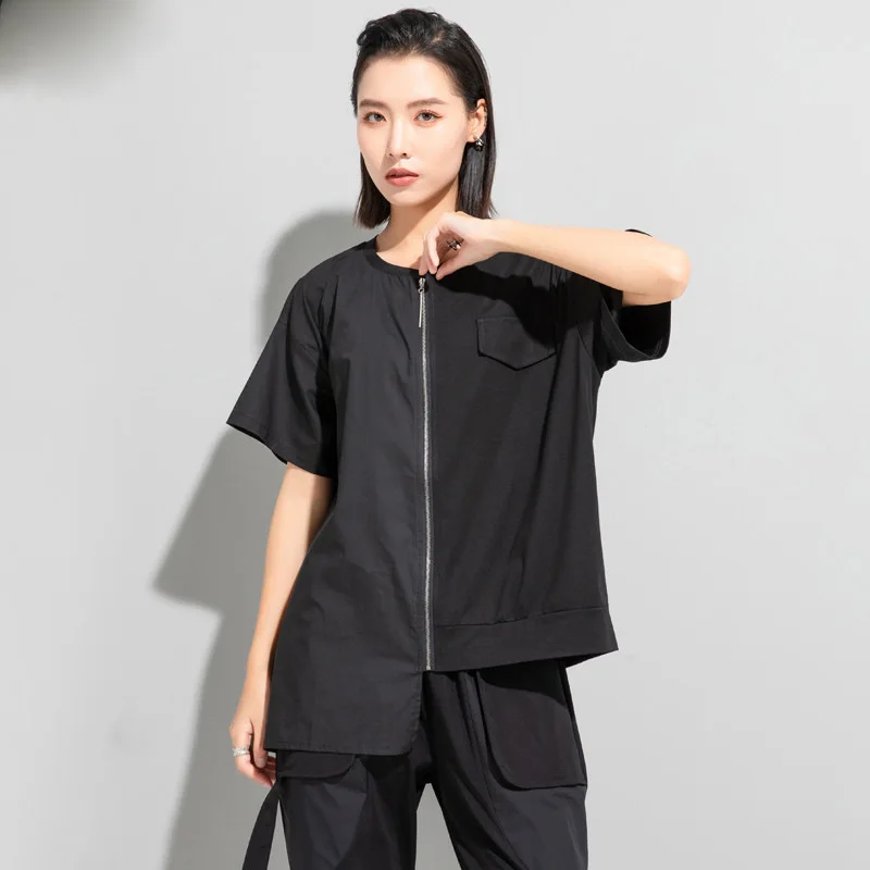 Ladies Short Sleeve T-Shirt Summer New Classic Dark Personality Asymmetric Stitching Zipper Design Loose Size Half Sleeve