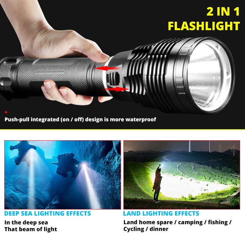 Linterna de buceo superbrillante XHP70.2, luz de buceo profesional con clasificación más alta a prueba de agua IPX8, alimentada por batería de