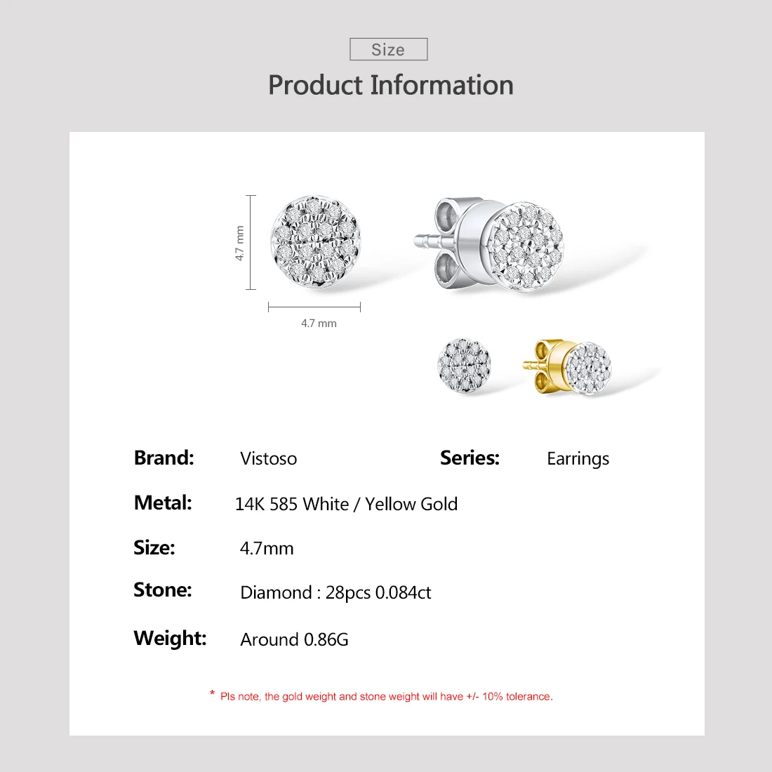 VISTOSO Gold Earrings For Women 14K 585 Yellow/white Gold Sparkling Diamond Dainty Round Cirle Stud Earrings Trendy Fine Jewelry