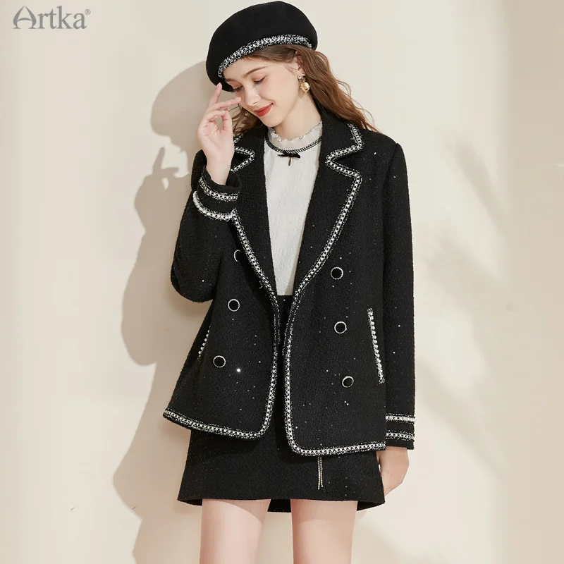 ARTKA 2021 Autumn New Women Blazers Elegant Vintage Sequins Blazer Jacket Beading Long Sleeve Woolen Tweed Black Blazer WA20017D