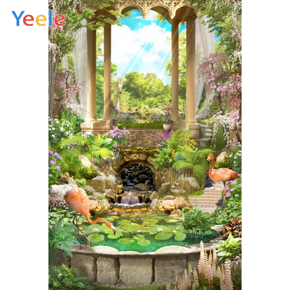 Yeele 해안 도시 돌 집 꽃 나무 사진 배경, 여름 정원 사진 배경, 사진 스튜디오에 맞춤