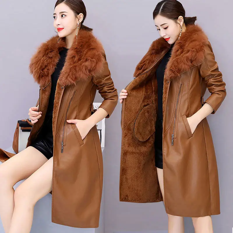 Big Fur Collar PU leather Jacket Autumn Winter Velvet Thicken Soft Faux PU leather Coat Women Korean Long Overcoat 4XL 2356