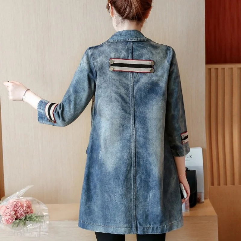 

Collar Turn-Down Distressed Denim Windbreakers Vintage Double Breasted Slim Fit Long Trench Casual Female Office Spring Coats