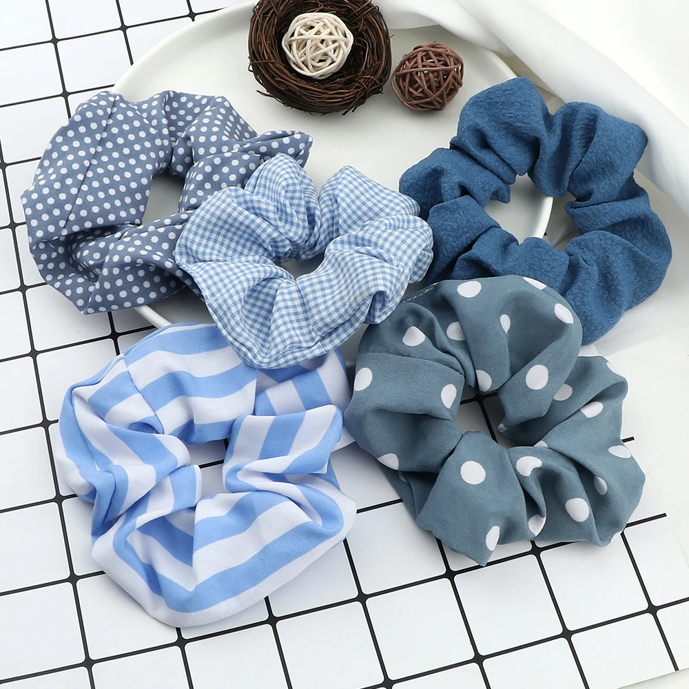 Blue Colors Hair Accessories Striped Printed Hair Ties Scrunchies Girls Rubber Band Ponytail Holders Ornaments Hairband Headwear