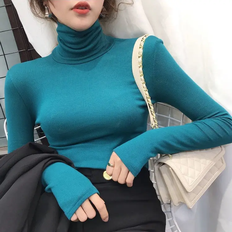 Woman Sweaters Velvet Lined Turtleneck Slim-Fit Cotton Long-Sleeved Women's Autumn Clothing Top  Femme Chandails Pull Hiver