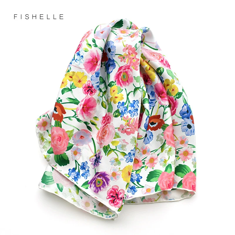 Fashion hijab pure twill silk scarf for women printing flower 65cm square bandana foulard ladies hair scarves headscarf warp