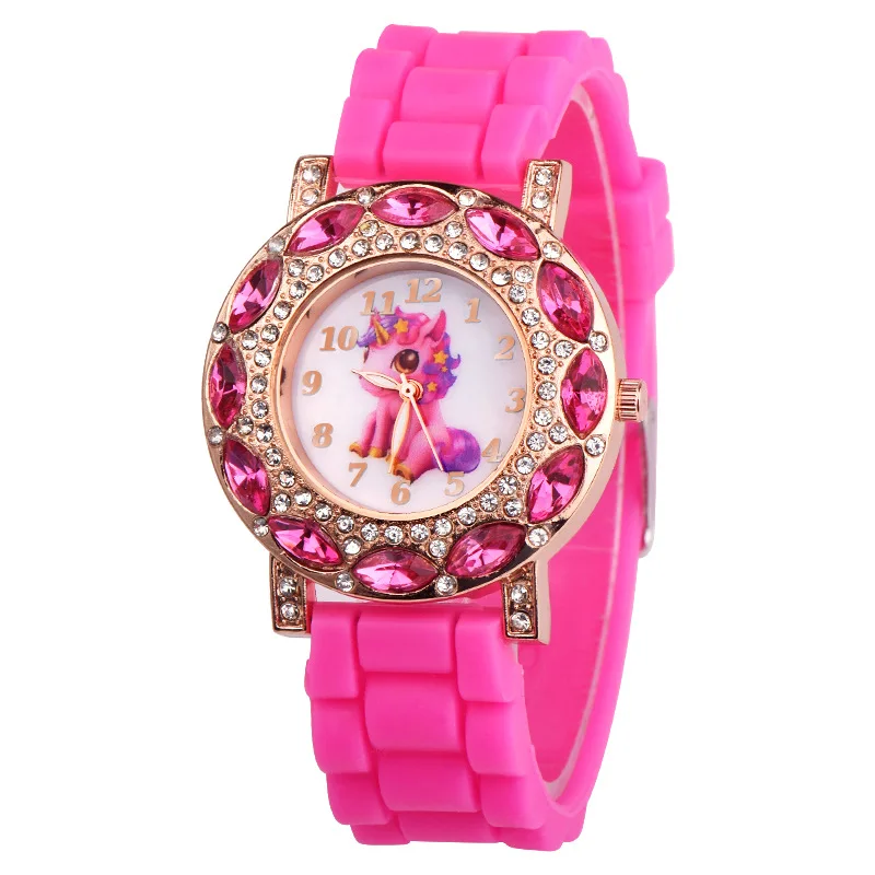 UTHAI CQ19 Children watch Quartz Wrist watches for Girls Cartoon Beast horse Kids Child Silicone strap Gift present Rose red