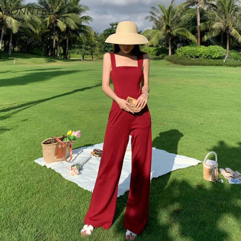 Jumpsuits Women Burgundy Backless Clothing Holiday Slim Minimalist Style Elegant Office Lady Summer Sexy Female Full-length Ins